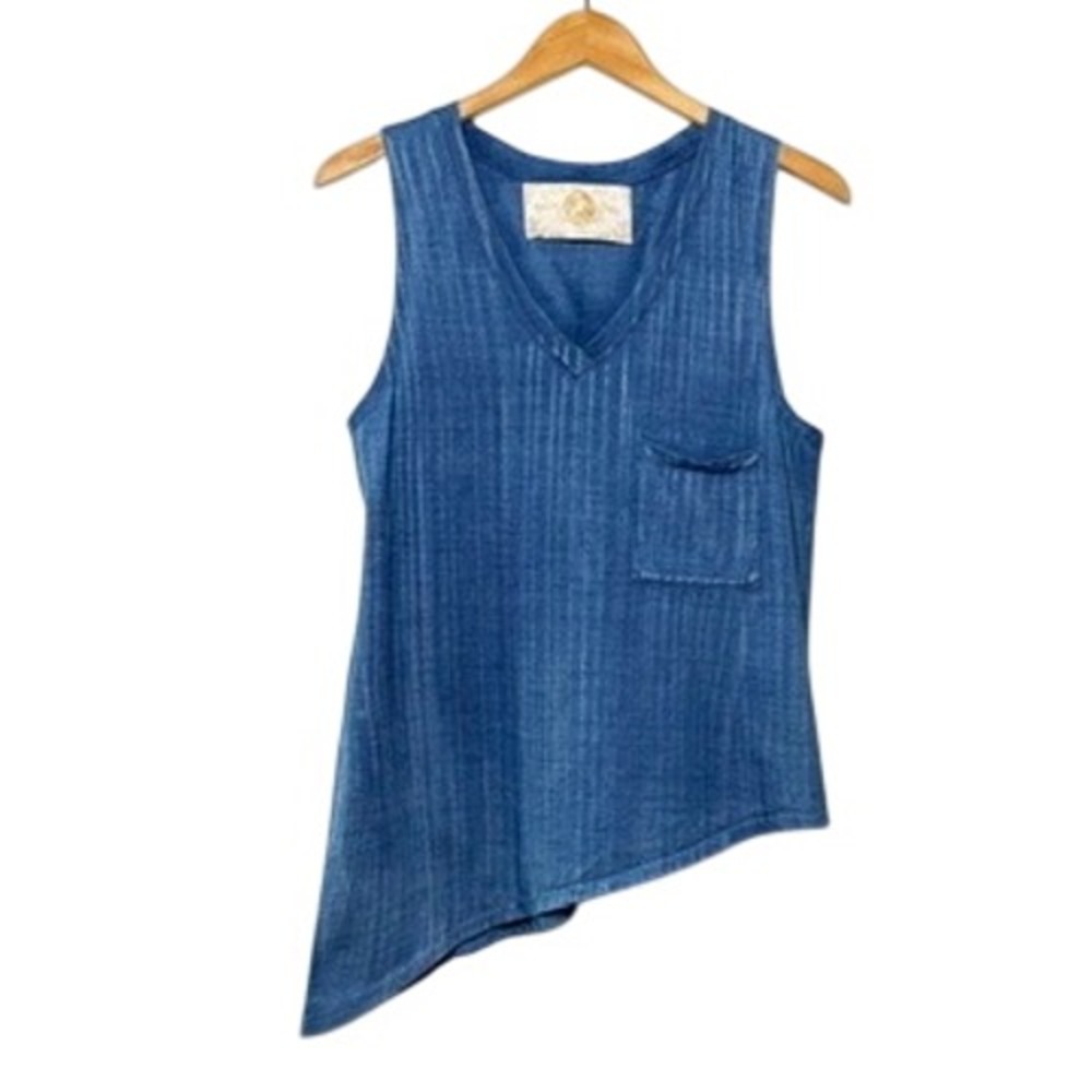 Bella Dahl Blue Chambray Asymmetrical Hem Tank Top Textured V-Neck Small